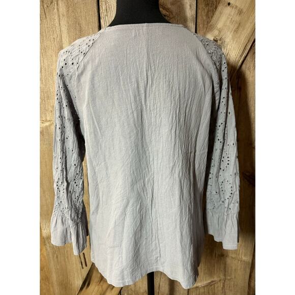 MissLook Gray / Blue Linen Blend Blouse Women's XL Eyelet Detail Ruffle Sleeves - Picture 3 of 11